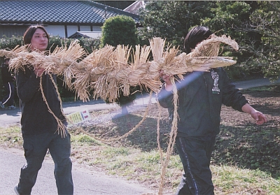 大蛇を集落の三人の入り口の木につるし悪病や災いの侵入を防ぐの画像